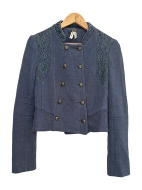 Free People Majorette Military Double Breasted Blazer Jacket Blue Knit Lace Sz 8